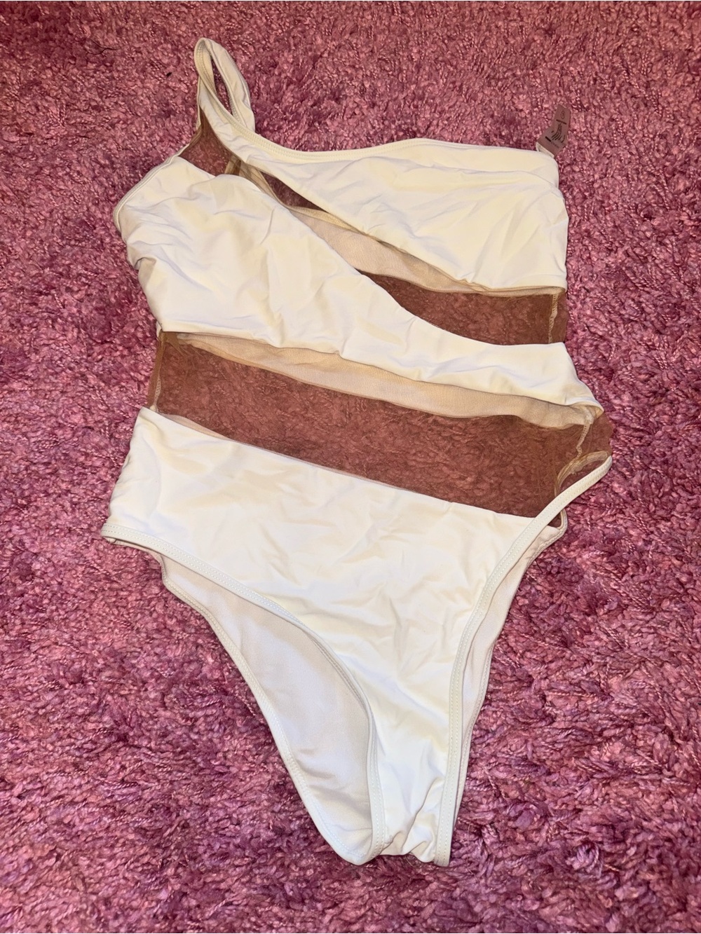 White One-Shoulder Swimsuit with Sheer Brown Panels